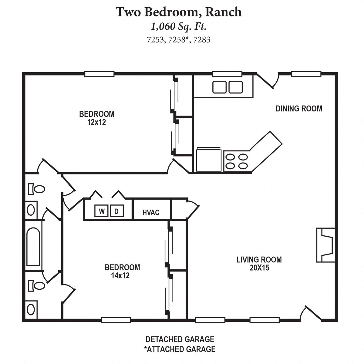 Floor plan for 2 beds, 1.5 baths, 1100 sqft